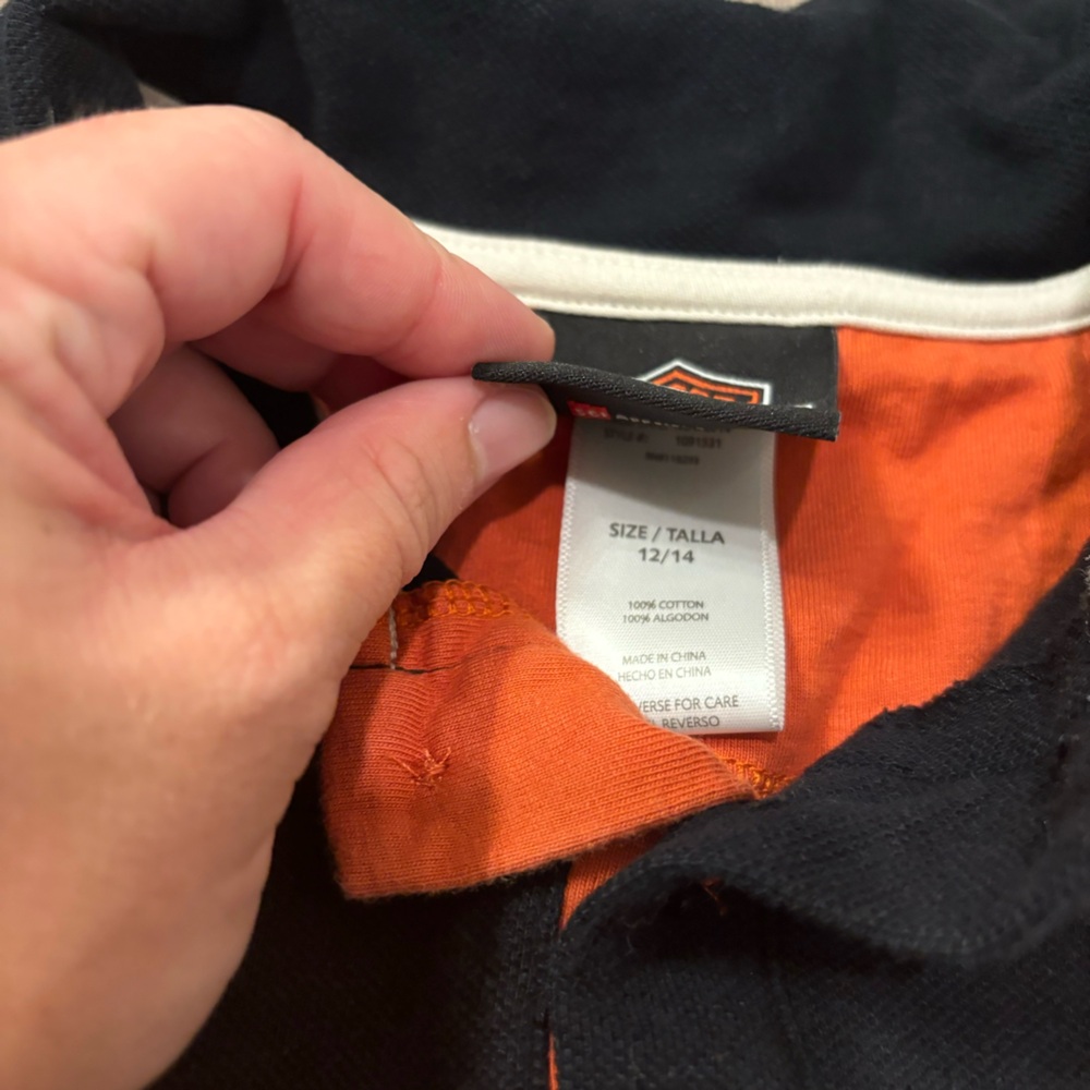 Vtg‎ Harley Davidson Polo Shirt Retro Black/Orange Stripe Logo Boys XL (12-14) - Picture 3 of 5